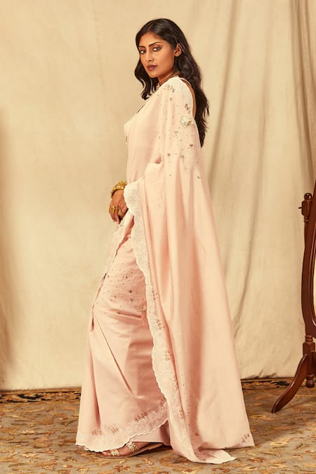 Shop_House Of Three_Pink Silk, Cotton, Chanderi Sequins, Beads, Feathers Thread Embroidered Saree _Online_at_Aza_Fashions