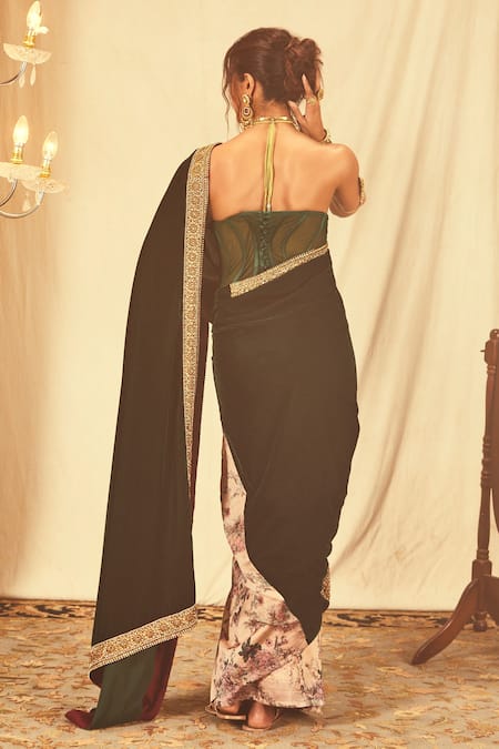 House Of Three Emerald Green Zardozi Embroidered Half & Half Saree 