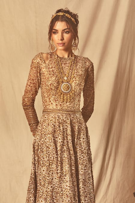 House Of Three Gold Net Sequins, Beads, Zari Round Neck Zardozi Embroidered Anarkali Online at Aza Fashions House Of Three_Gold Net Sequins, Beads, Zari Round Neck Zardozi Embroidered Anarkali _Online_at_Aza_Fashions