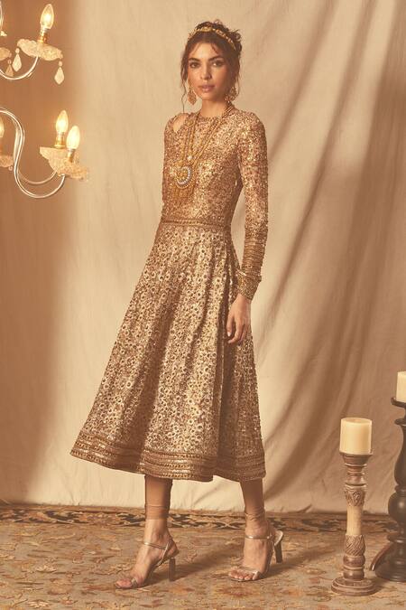 Buy House Of Three Gold Net Sequins, Beads, Zari Round Neck Zardozi Embroidered Anarkali Online at Aza Fashions Buy_House Of Three_Gold Net Sequins, Beads, Zari Round Neck Zardozi Embroidered Anarkali _Online_at_Aza_Fashions