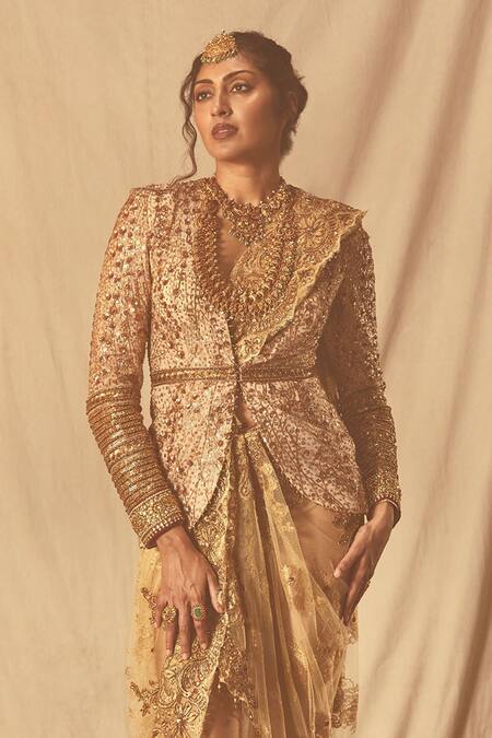 House Of Three_Gold Net Zari, Sequins, Beads Open Neck Tonal Zardozi Embroidered Peplum Jacket _Online_at_Aza_Fashions