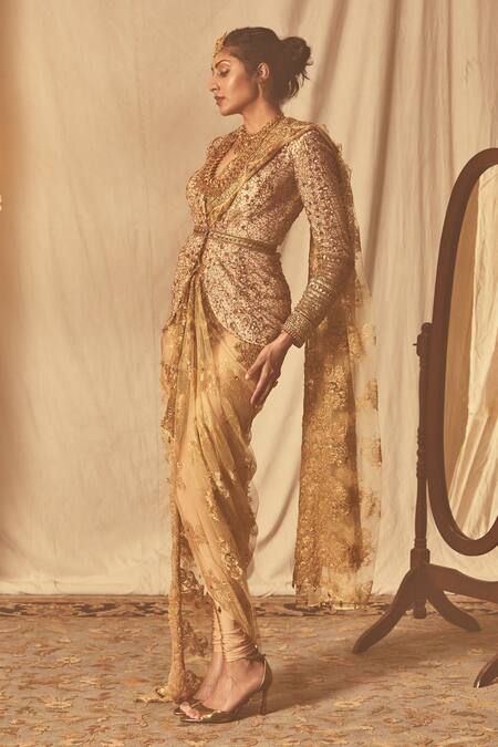 Buy_House Of Three_Gold Net Zari, Sequins, Beads Open Neck Tonal Zardozi Embroidered Peplum Jacket _Online_at_Aza_Fashions