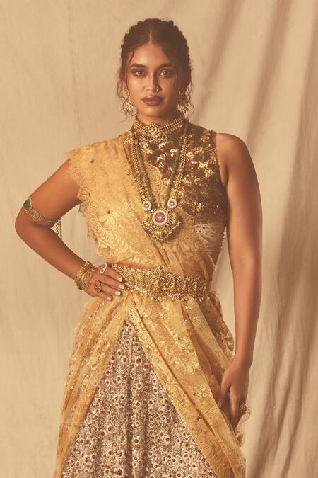 House Of Three Gold Silk Satin Sequins High Neck Embellished Blouse Online at Aza Fashions House Of Three_Gold Silk Satin Sequins High Neck Embellished Blouse _Online_at_Aza_Fashions