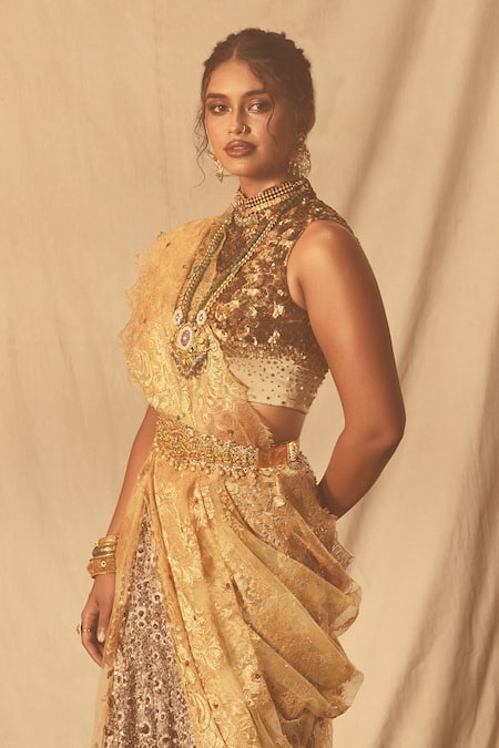 Buy House Of Three Gold Silk Satin Sequins High Neck Embellished Blouse Online at Aza Fashions Buy_House Of Three_Gold Silk Satin Sequins High Neck Embellished Blouse _Online_at_Aza_Fashions