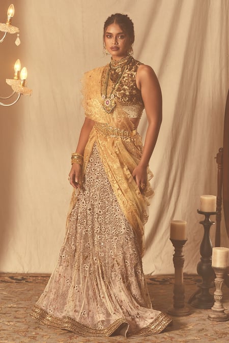 Shop House Of Three Gold Silk Satin Sequins High Neck Embellished Blouse Online at Aza Fashions Shop_House Of Three_Gold Silk Satin Sequins High Neck Embellished Blouse _Online_at_Aza_Fashions