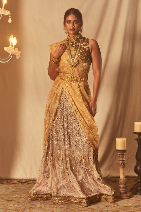 House Of Three Gold Zardozi Embroidered Lehenga 