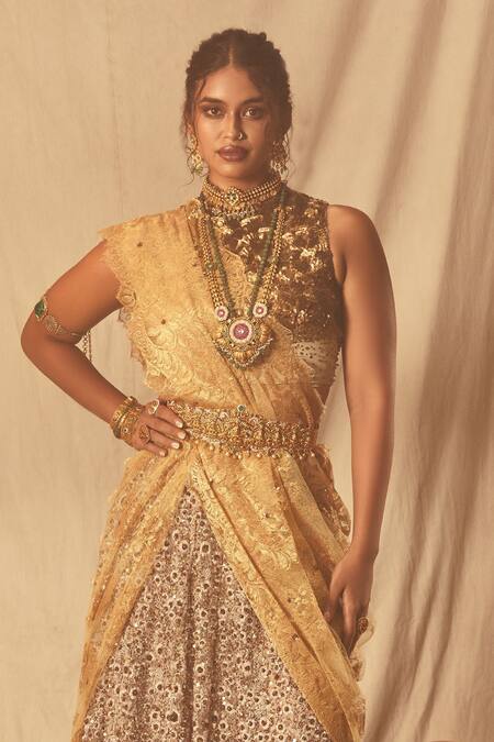 House Of Three Gold Net, Chanderi Beads, Sequins Zardozi Embroidered Lehenga Online at Aza Fashions House Of Three_Gold Net, Chanderi Beads, Sequins Zardozi Embroidered Lehenga _Online_at_Aza_Fashions