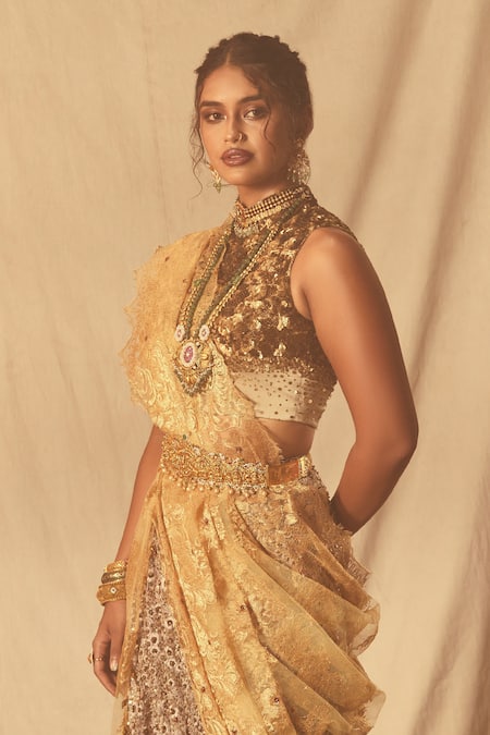 Buy House Of Three Gold Net, Chanderi Beads, Sequins Zardozi Embroidered Lehenga Online at Aza Fashions Buy_House Of Three_Gold Net, Chanderi Beads, Sequins Zardozi Embroidered Lehenga _Online_at_Aza_Fashions