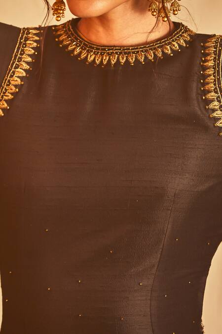 Shop House Of Three Black Chanderi Zari Round Neck Zardozi Embroidered Maxi Dress Online at Aza Fashions Shop_House Of Three_Black Chanderi Zari Round Neck Zardozi Embroidered Maxi Dress _Online_at_Aza_Fashions