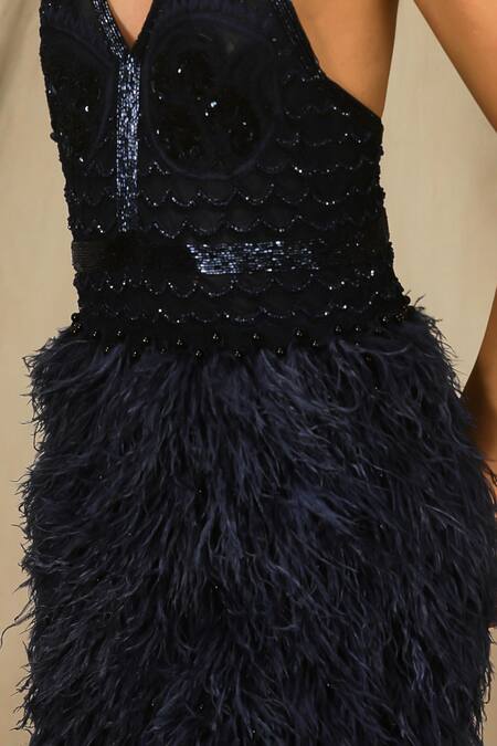 Buy_House Of Three_Blue Net Embroidery, Feathers Plunge Neck Ostrich Embellished Dress _Online_at_Aza_Fashions