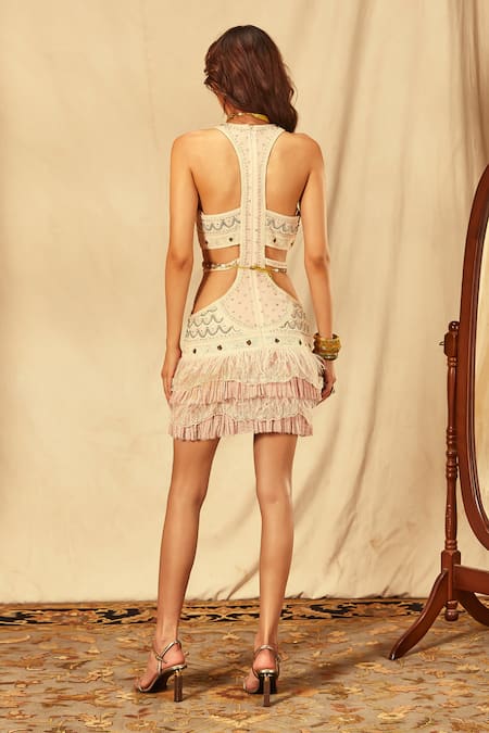 House Of Three Pink Chikankari Bead Work Dress 