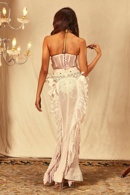 House Of Three Pink Chikankari Embroidered Silk Chiffon Skirt 