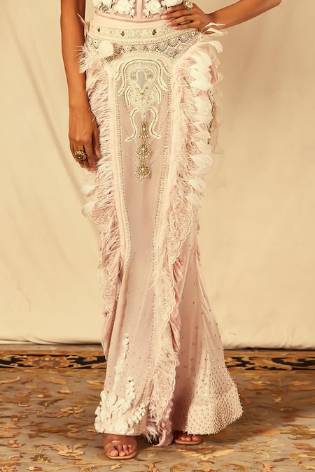 Buy_House Of Three_Pink Silk, Chiffon Feathers, Embroidery Chikankari Skirt _Online_at_Aza_Fashions