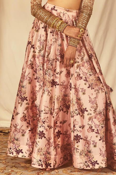 House Of Three_Pink Silk, Chiffon Embroidery Floral Printed Lehenga _Online_at_Aza_Fashions
