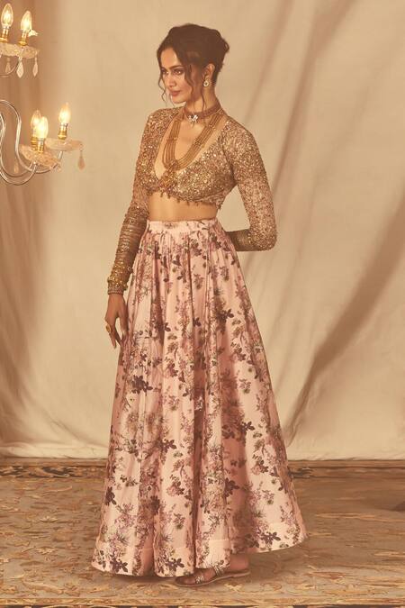 Buy_House Of Three_Pink Silk, Chiffon Embroidery Floral Printed Lehenga _Online_at_Aza_Fashions
