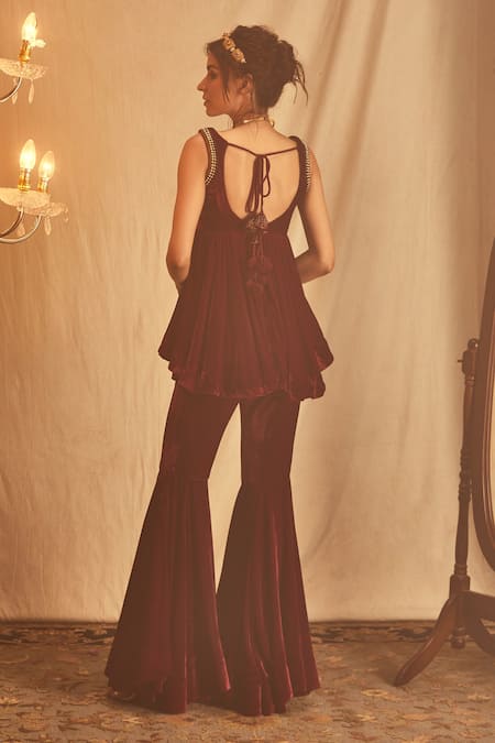 House Of Three Burgundy Bead Embroidered Kurta Sharara Set 