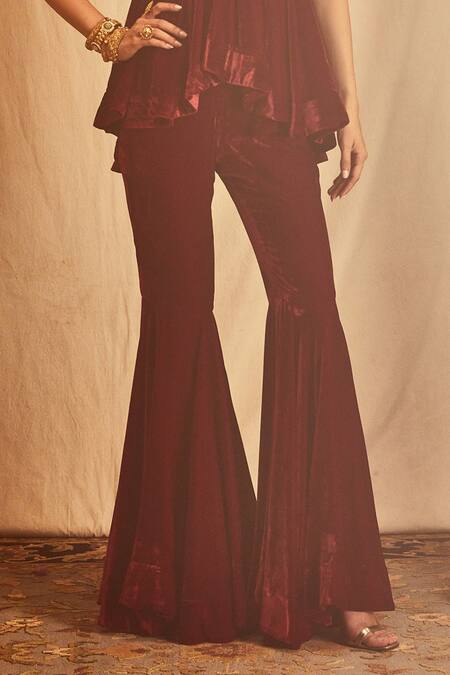 House Of Three Burgundy Velvet Beads Asymmetric Embroidered Kurta Sharara Set Online at Aza Fashions House Of Three_Burgundy Velvet Beads Asymmetric Embroidered Kurta Sharara Set _Online_at_Aza_Fashions