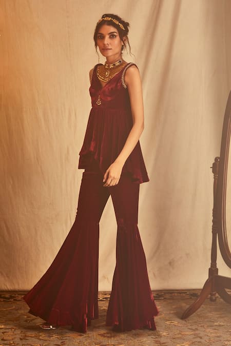 Shop House Of Three Burgundy Velvet Beads Asymmetric Embroidered Kurta Sharara Set Online at Aza Fashions Shop_House Of Three_Burgundy Velvet Beads Asymmetric Embroidered Kurta Sharara Set _Online_at_Aza_Fashions
