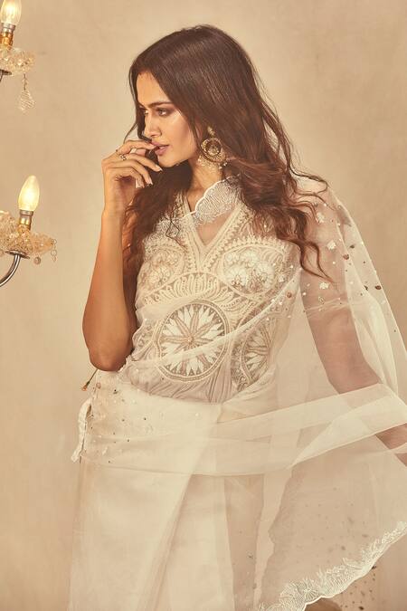 House Of Three_Ivory Net Lace V-neck Symmetrical Embroidered Blouse _Online_at_Aza_Fashions