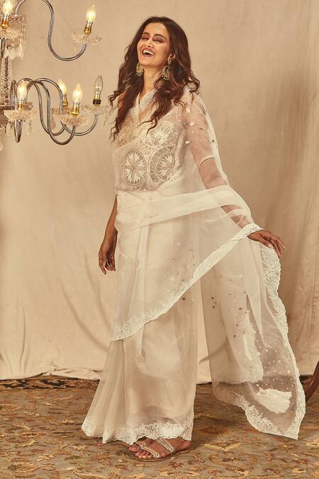 Buy_House Of Three_Ivory Net Lace V-neck Symmetrical Embroidered Blouse _Online_at_Aza_Fashions
