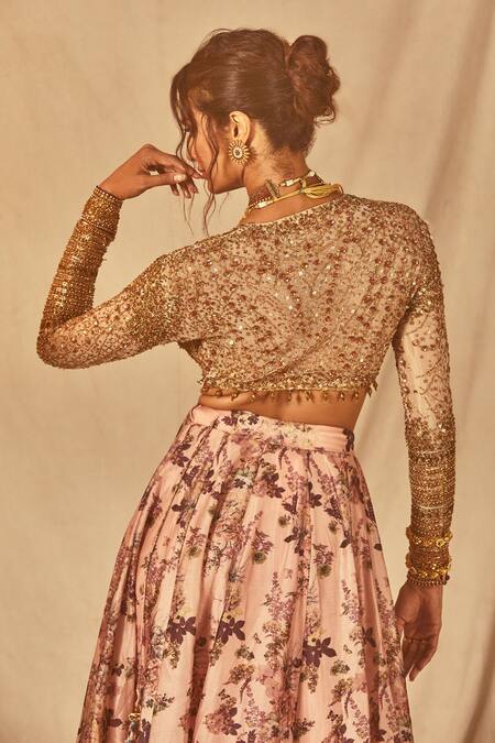 Shop_House Of Three_Gold Net Embroidered Sequin Plunging V Ghungroo Embellished Blouse _at_Aza_Fashions