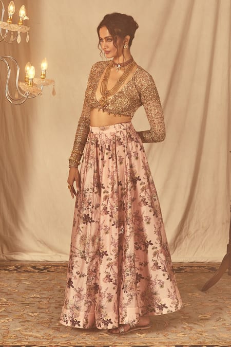 Buy_House Of Three_Gold Net Embroidered Sequin Plunging V Ghungroo Embellished Blouse _Online_at_Aza_Fashions