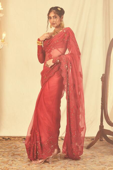 House Of Three Red Silk Crystals, Beads Zardozi Embroidered Blouse Online at Aza Fashions House Of Three_Red Silk Crystals, Beads Zardozi Embroidered Blouse _Online_at_Aza_Fashions