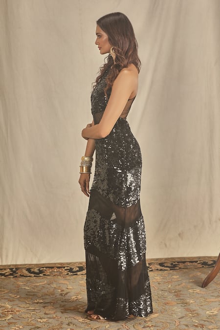 House Of Three Blue Net Sequins Round Neck Navy Embroidered Maxi Dress Online at Aza Fashions House Of Three_Blue Net Sequins Round Neck Navy Embroidered Maxi Dress _Online_at_Aza_Fashions