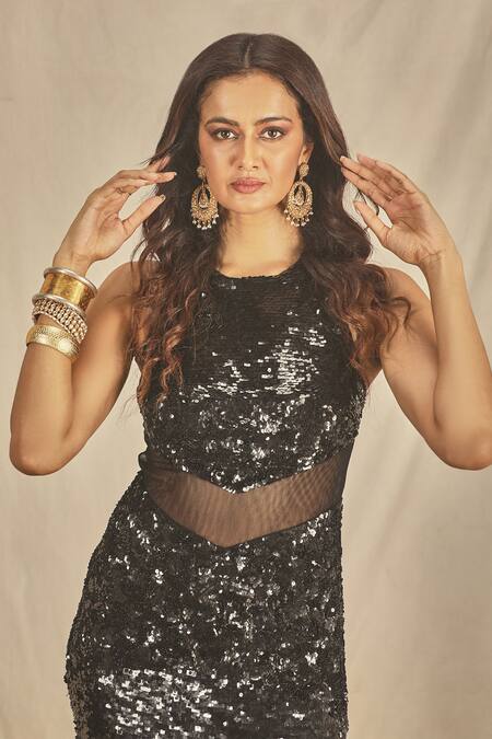 Buy House Of Three Blue Net Sequins Round Neck Navy Embroidered Maxi Dress Online at Aza Fashions Buy_House Of Three_Blue Net Sequins Round Neck Navy Embroidered Maxi Dress _Online_at_Aza_Fashions