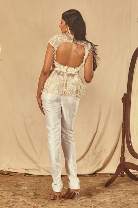 House Of Three Ivory Net Embroidered Peplum Top 