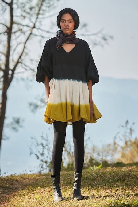 Kharakapas Black , Satin V-neck And Green Shibori Tie Dye Skater Dress