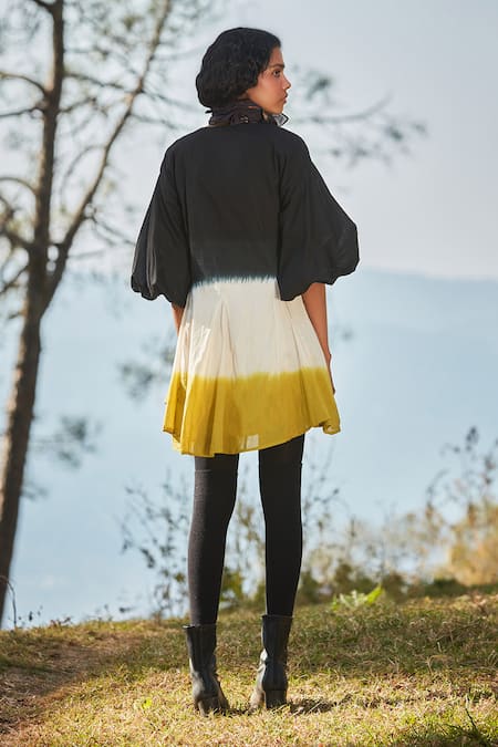 Shop Kharakapas Black , Satin V-neck And Green Shibori Tie Dye Skater Dress at Aza Fashions Shop_Kharakapas_Black , Satin V-neck And Green Shibori Tie Dye Skater Dress _at_Aza_Fashions