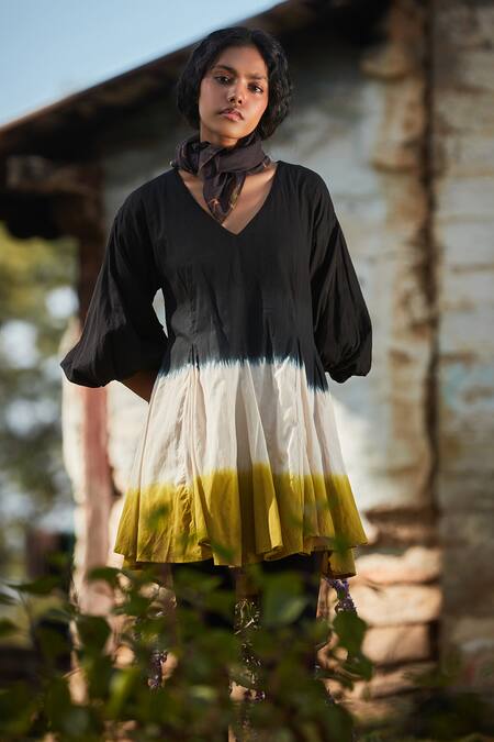 Kharakapas Black , Satin V-neck And Green Shibori Tie Dye Skater Dress Online at Aza Fashions Kharakapas_Black , Satin V-neck And Green Shibori Tie Dye Skater Dress _Online_at_Aza_Fashions