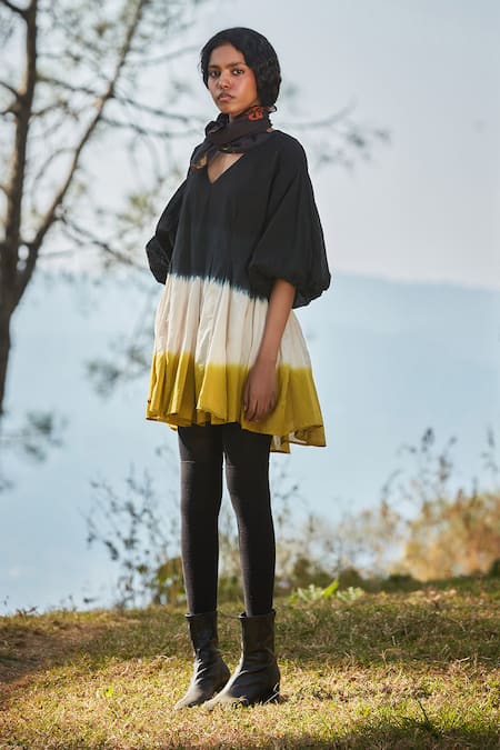 Buy Kharakapas Black , Satin V-neck And Green Shibori Tie Dye Skater Dress Online at Aza Fashions Buy_Kharakapas_Black , Satin V-neck And Green Shibori Tie Dye Skater Dress _Online_at_Aza_Fashions