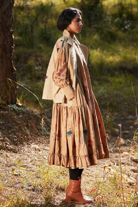 Kharakapas Brown Cotton Round Neck Floral Print Tiered Midi Dress Online at Aza Fashions Kharakapas_Brown Cotton Round Neck Floral Print Tiered Midi Dress _Online_at_Aza_Fashions