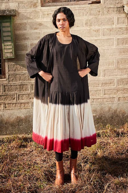 Kharakapas Black & Pink Shibori Tie Dye Midi Dress Set 