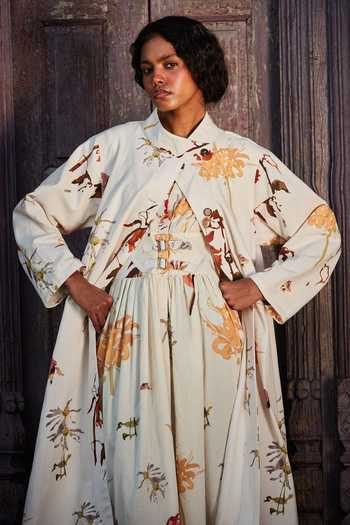 Kharakapas_White Canvas High Neck Flora Print Inverted Pleat Midi Dress _Online_at_Aza_Fashions