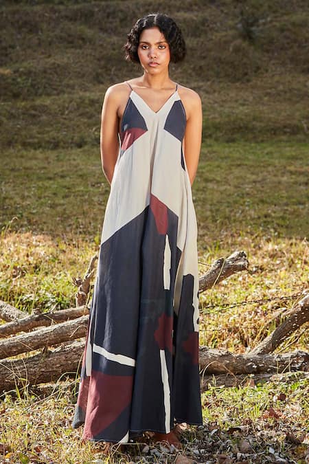 Buy_Kharakapas_Blue Cotton, Oxford Halter Neck Wildberry Print Maxi Dress And Jacket Set _Online_at_Aza_Fashions