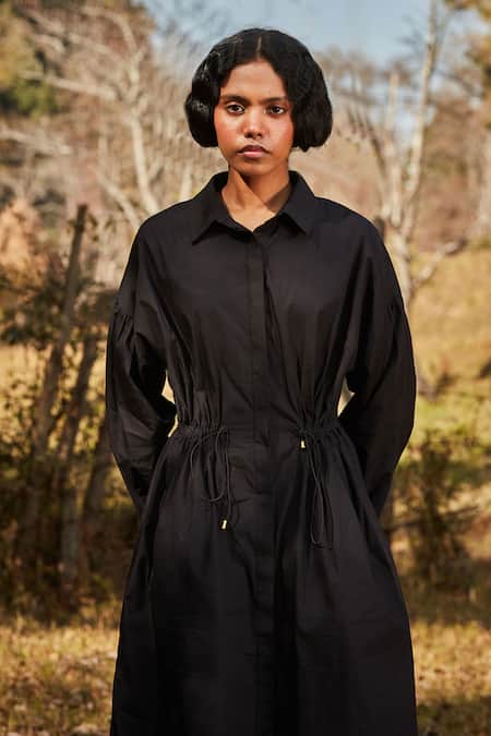 Kharakapas_Black Cotton, Poplin Collared Balloon Sleeve Shirt Dress _Online_at_Aza_Fashions