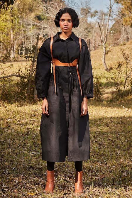 Shop_Kharakapas_Black Cotton, Poplin Collared Balloon Sleeve Shirt Dress _Online_at_Aza_Fashions
