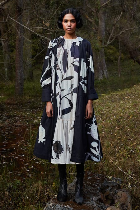 Buy_Kharakapas_Black Cotton Round , High And White Anar Print Midi Dress Set _Online_at_Aza_Fashions