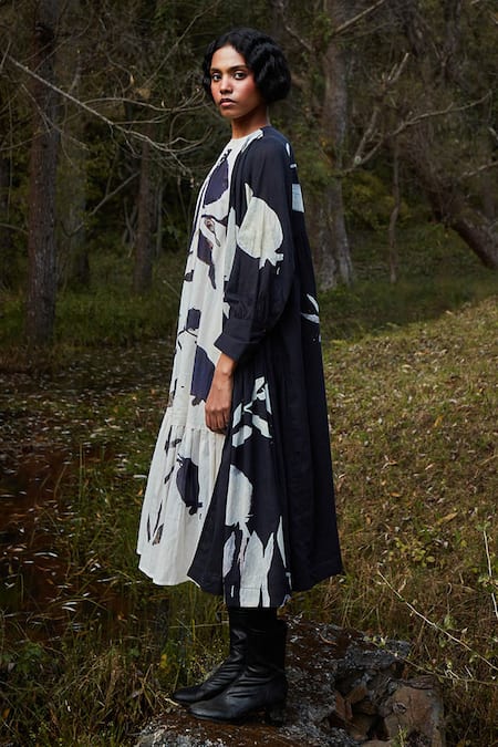 Shop_Kharakapas_Black Cotton Round , High And White Anar Print Midi Dress Set _Online_at_Aza_Fashions