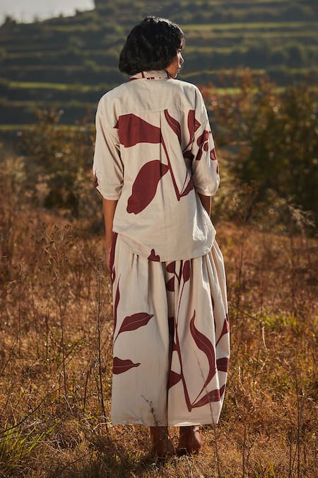 Shop Kharakapas Beige Cotton Collared Burnt Sienna Printed Top And Skirt Set at Aza Fashions Shop_Kharakapas_Beige Cotton Collared Burnt Sienna Printed Top And Skirt Set _at_Aza_Fashions