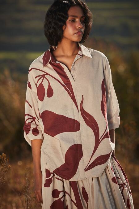 Shop Kharakapas Beige Cotton Collared Burnt Sienna Printed Top And Skirt Set Online at Aza Fashions Shop_Kharakapas_Beige Cotton Collared Burnt Sienna Printed Top And Skirt Set _Online_at_Aza_Fashions