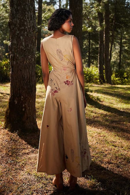 Kharakapas Khaki Brown Fleur Print Belted Jumpsuit 