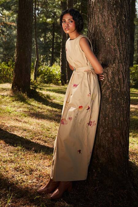 Kharakapas_Brown Oxford Embroidery Boat Neck Khaki Fleur Print Belted Jumpsuit _Online_at_Aza_Fashions