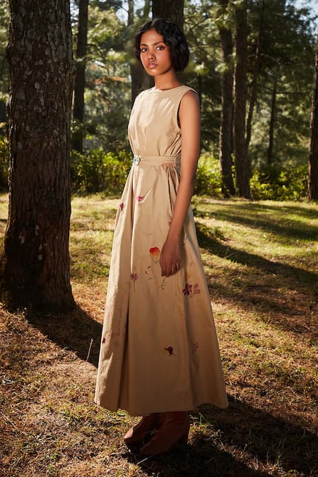 Shop_Kharakapas_Brown Oxford Embroidery Boat Neck Khaki Fleur Print Belted Jumpsuit _Online_at_Aza_Fashions