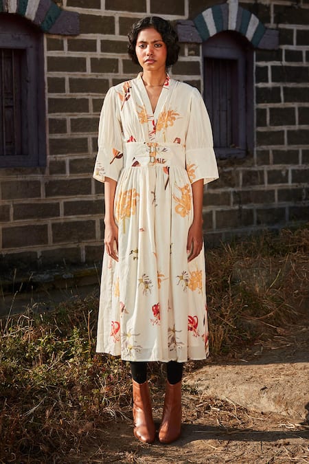 Kharakapas Mist Floral Print Gathered Dress 