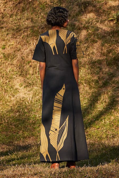 Kharakapas Charcoal Grey Leaf Print Jumpsuit 