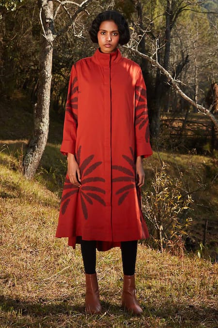 Kharakapas_Red Cotton High Neck Rustic Abstract Leaf Print A-line Dress _Online_at_Aza_Fashions